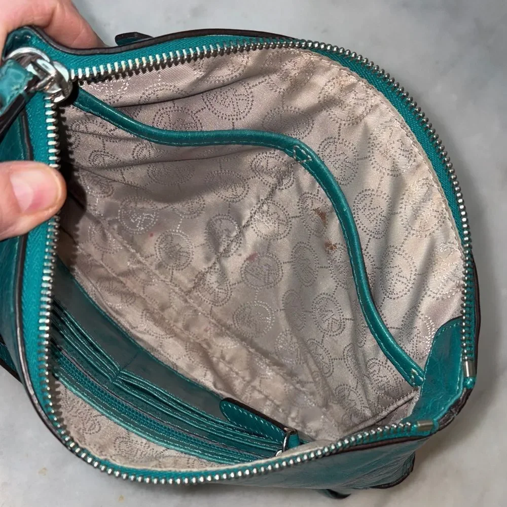 Michael Kors Purse Bag Fallon Large Leather Zip Clutch Wristlet Teal Aqua HTF
